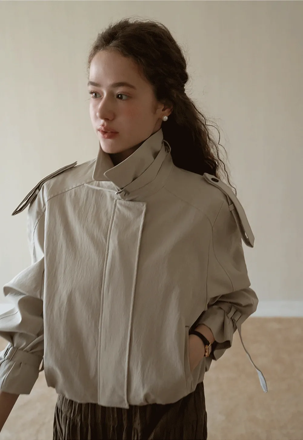 Womens Short Trench Coat Jacket with Belted Cuffs and Epaulets