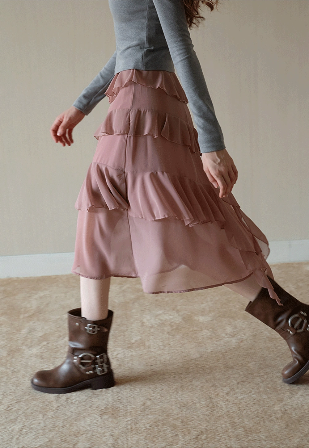 Womens Ruffle Layered Chiffon Midi Skirt