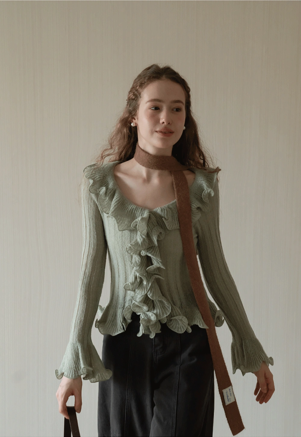 Womens Ruffle Hem Flared Sleeve Knit Top