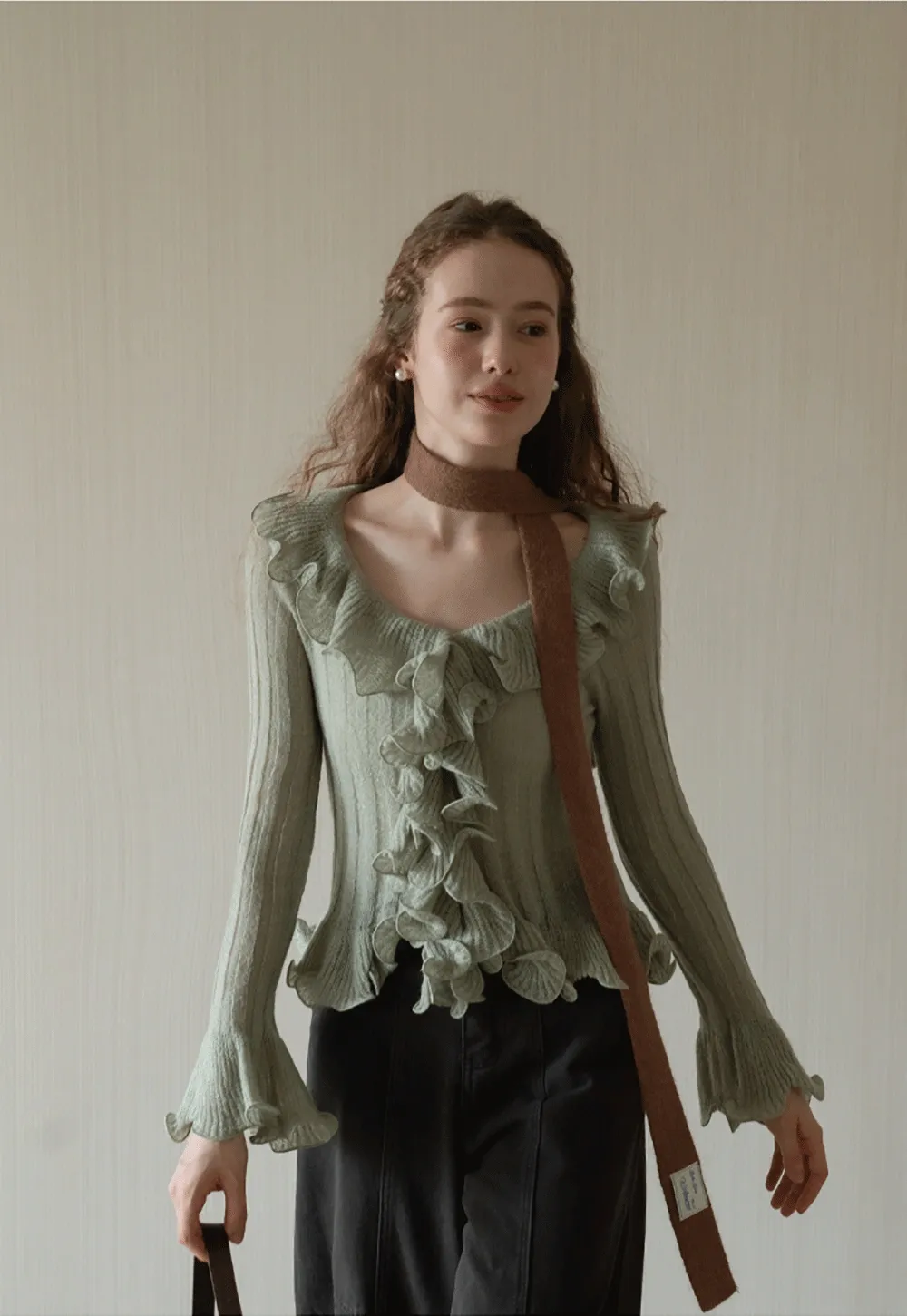 Womens Ruffle Hem Flared Sleeve Knit Top