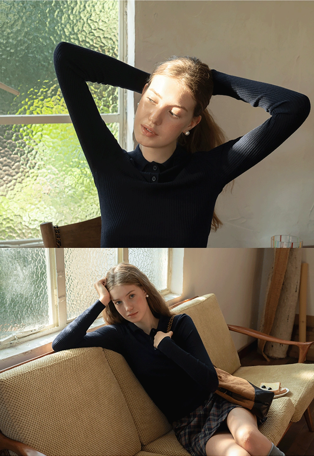 Ribbed Knit Collared Pullover Top