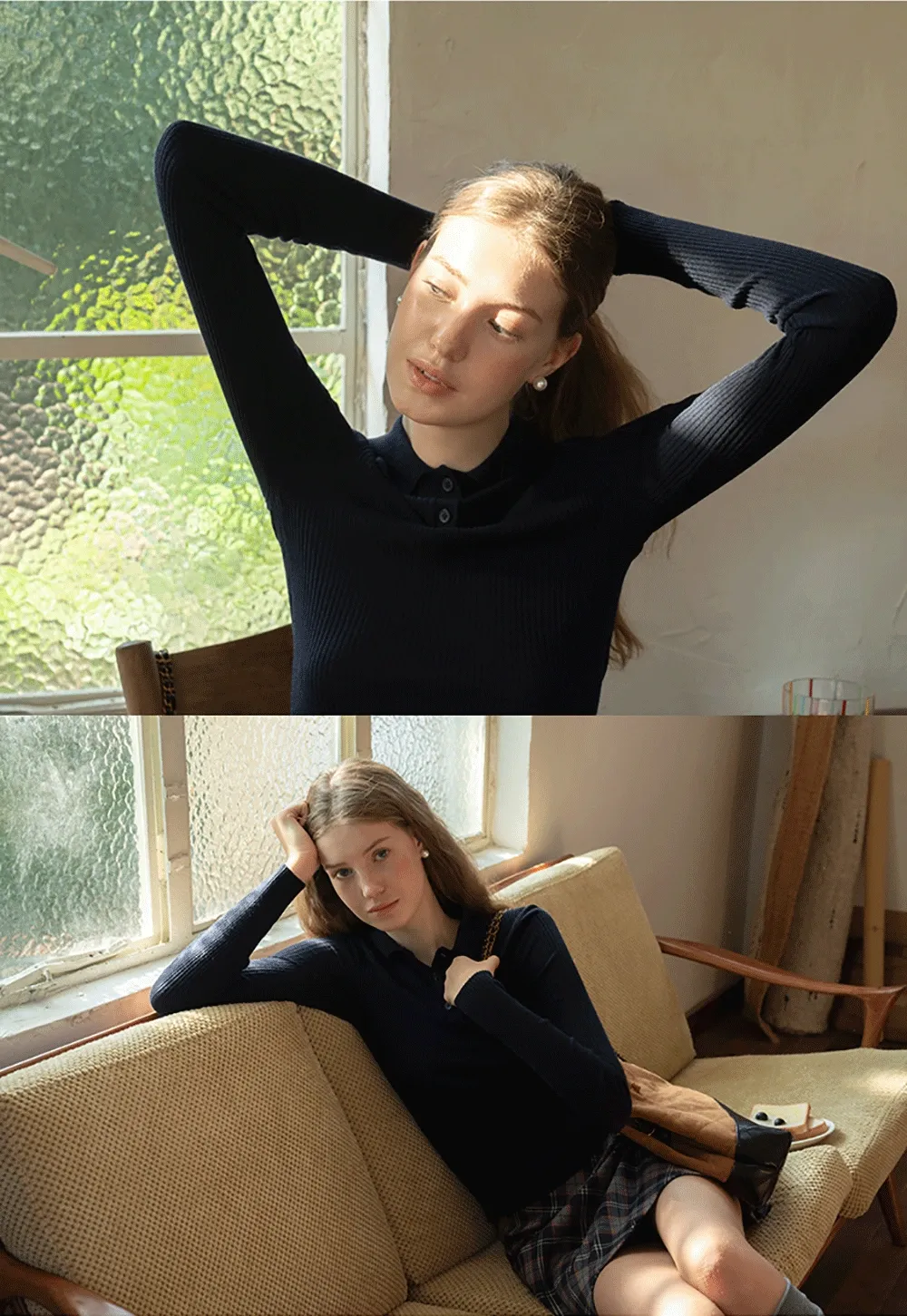 Ribbed Knit Collared Pullover Top