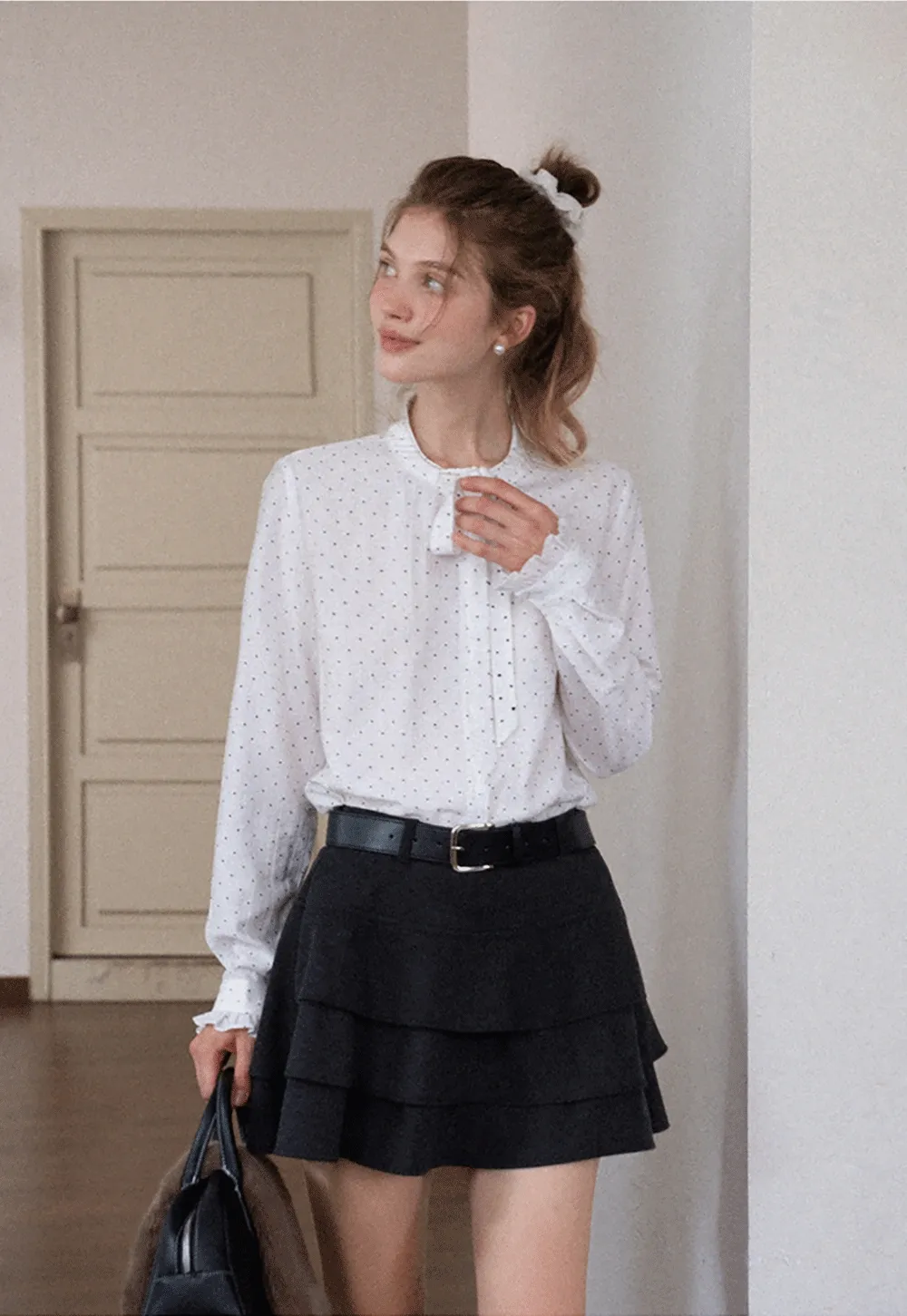 Womens Polka Dot Ruffle Trim Blouse with Bow Tie Neck