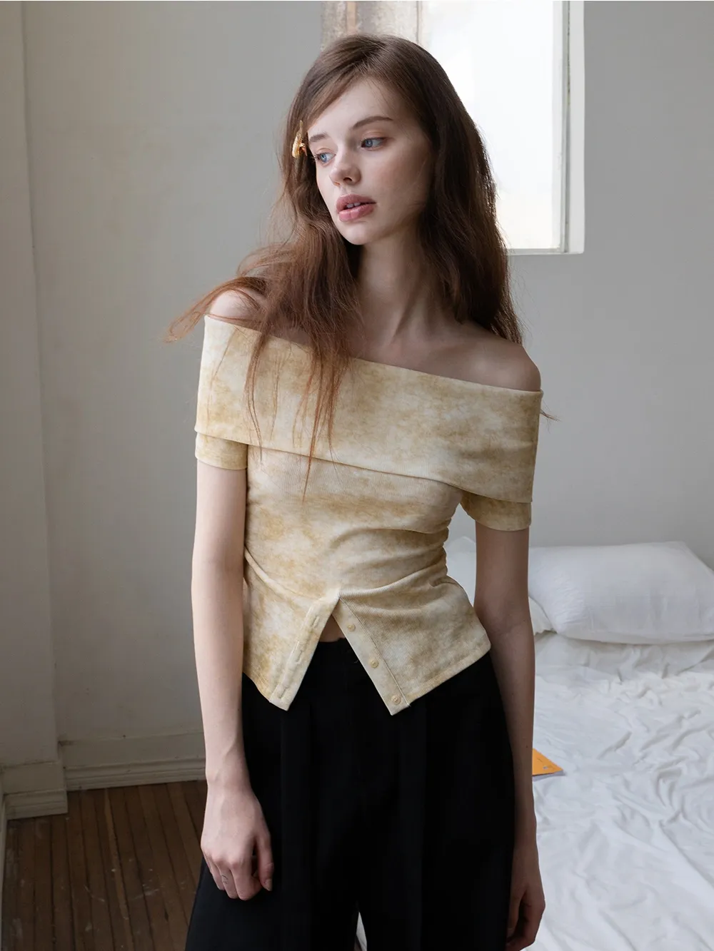 Women’s Off-Shoulder Top with Textured Print