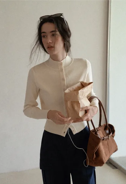 Mock Neck Button Up Knit Cardigan