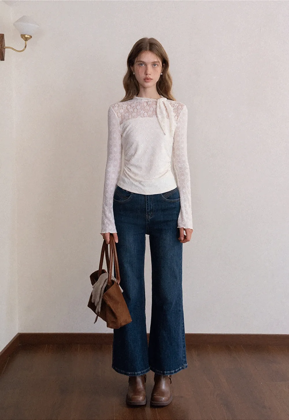 Lace Tie Neck Long Sleeve Blouse