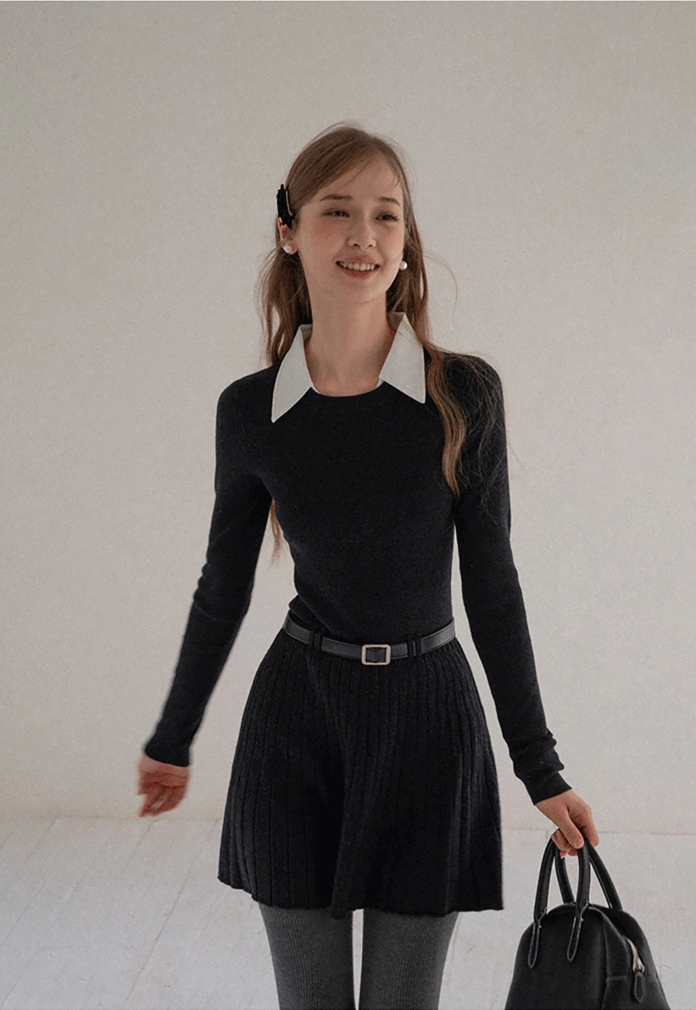 Women Black Sweater Dress with White Collar and Belt