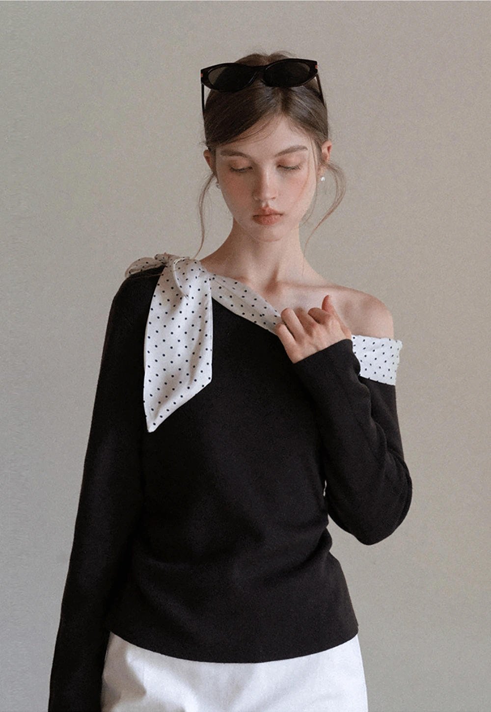 Womens Polka Dot Scarf Neck Long Sleeve Top