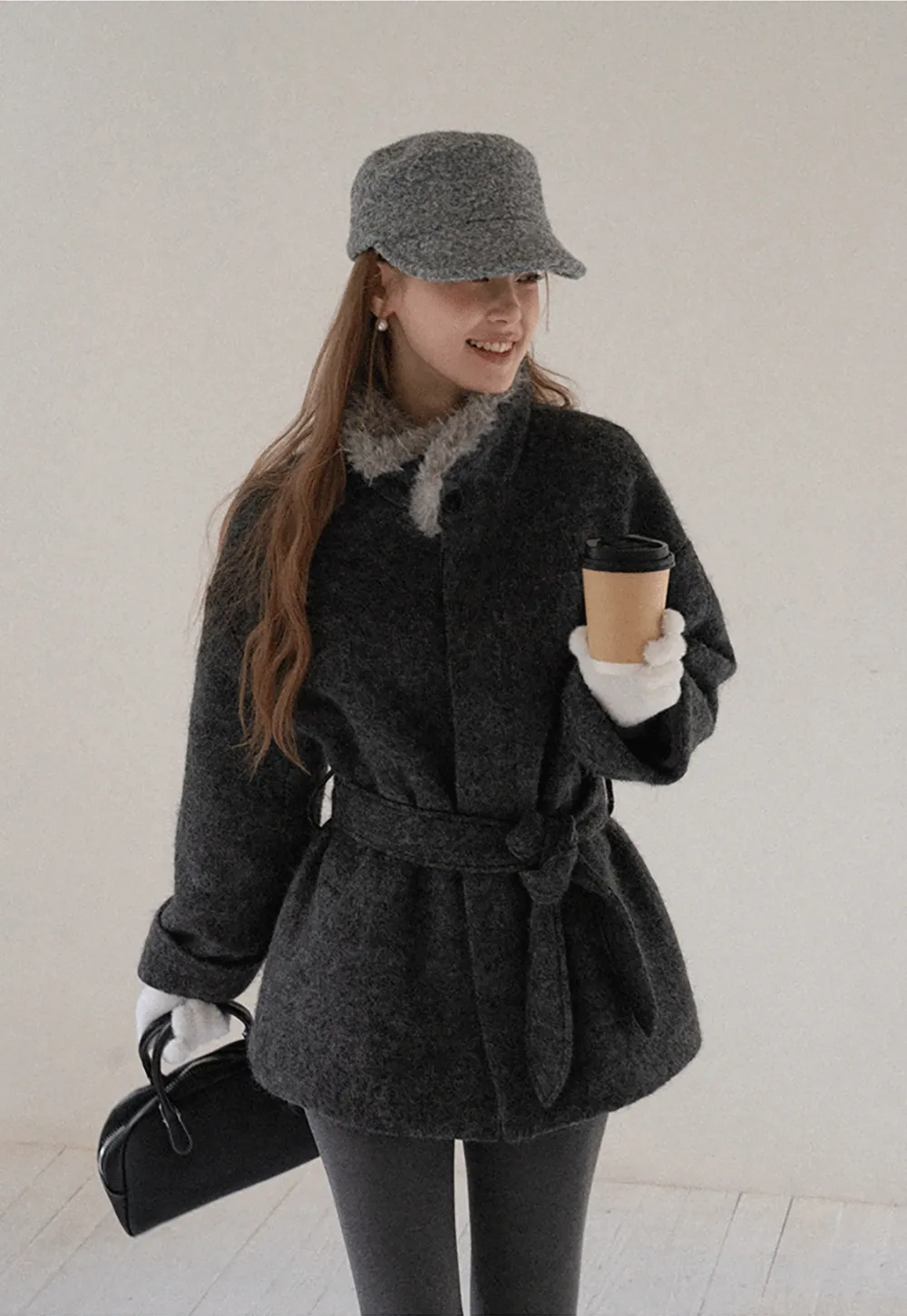 Women Cozy Faux Fur Lapel Wool Coat