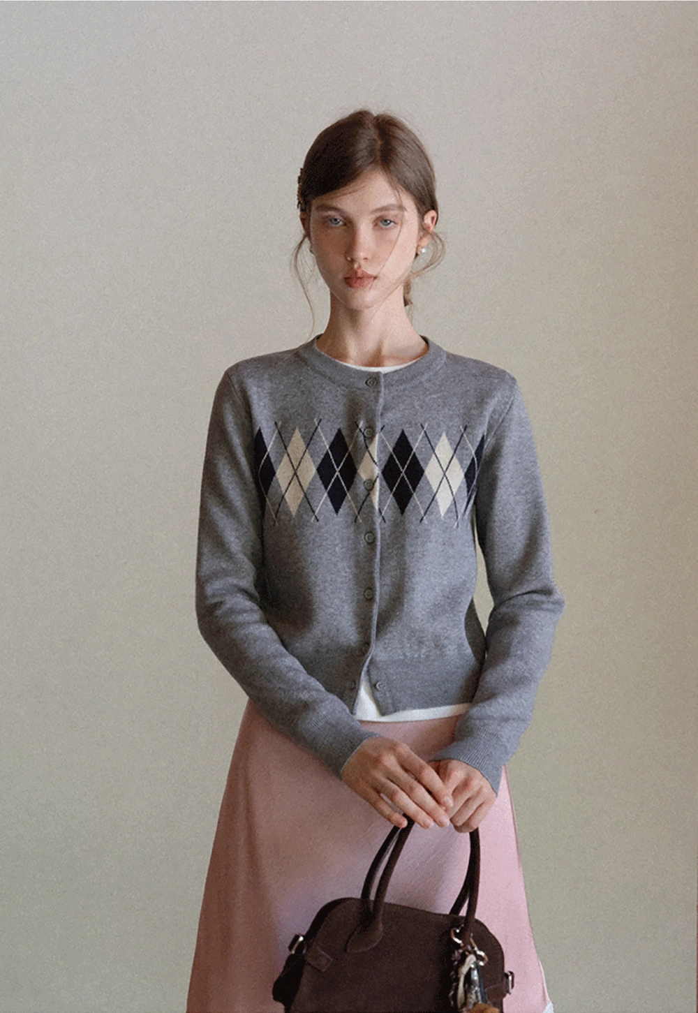 Women Vintage Argyle Pattern Knit Cardigan