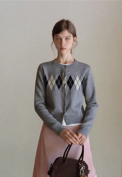 Women Vintage Argyle Pattern Knit Cardigan