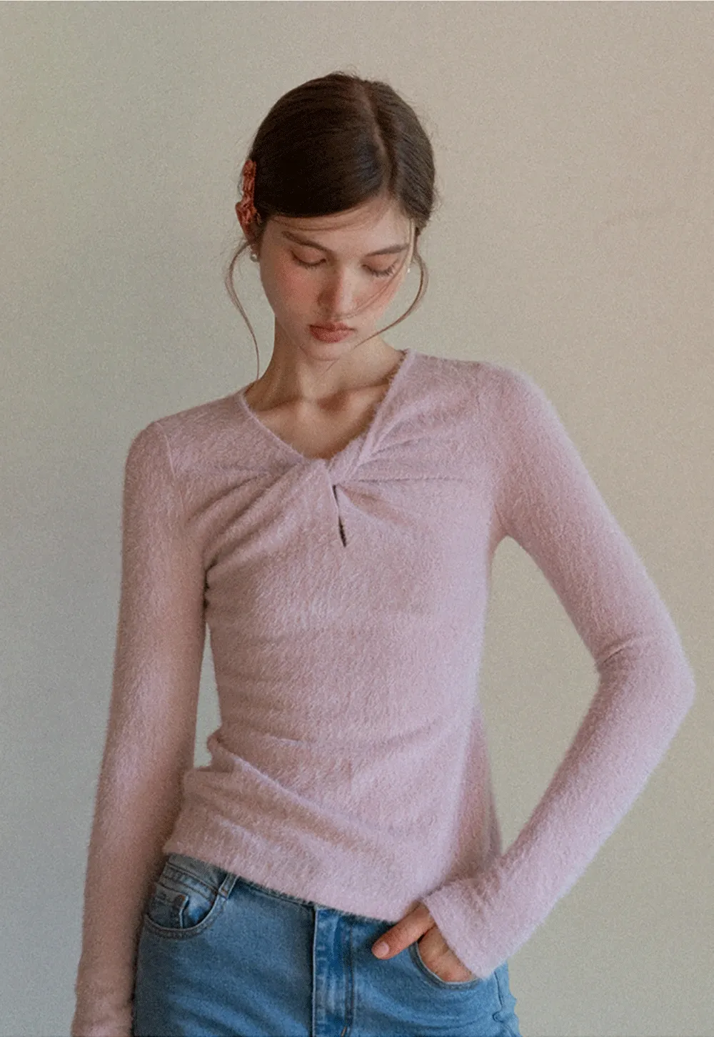 Women Soft Fluffy Knit Top Twist Front Long Sleeve