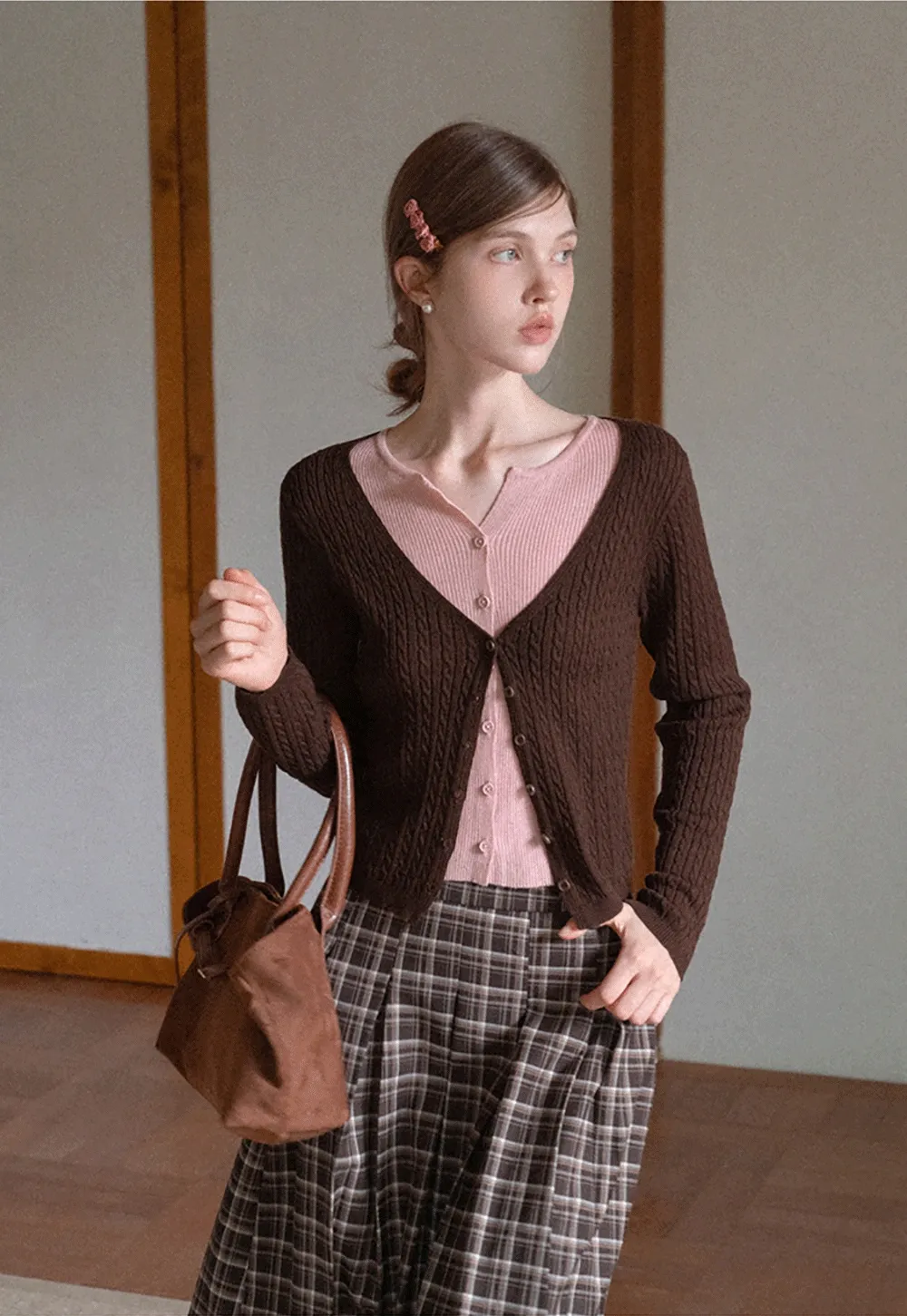 Two Tone Cable Knit Cardigan for Women