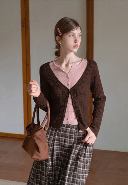 Two Tone Cable Knit Cardigan for Women