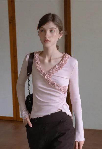 Ruffled V Neck Slim Fit Long Sleeve Tee