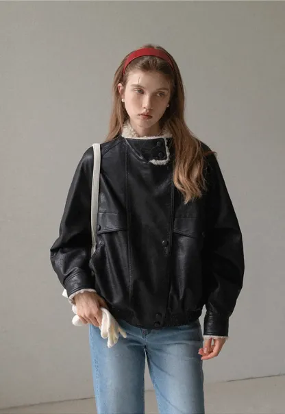 Faux Leather Jacket with Shearling Collar