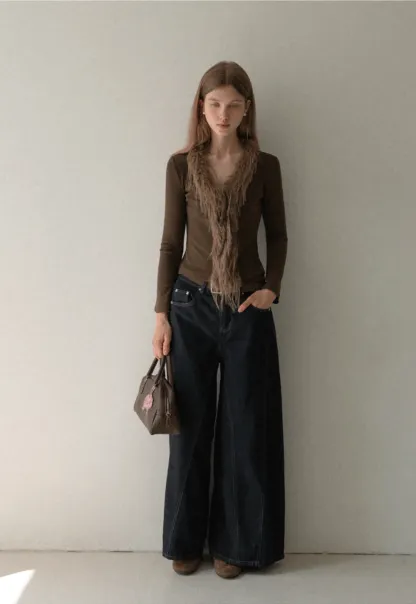 Women Faux Fur Collar Long Sleeve Knit Top