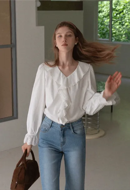 Women Ruffle Lace V Neck Long Sleeve Blouse