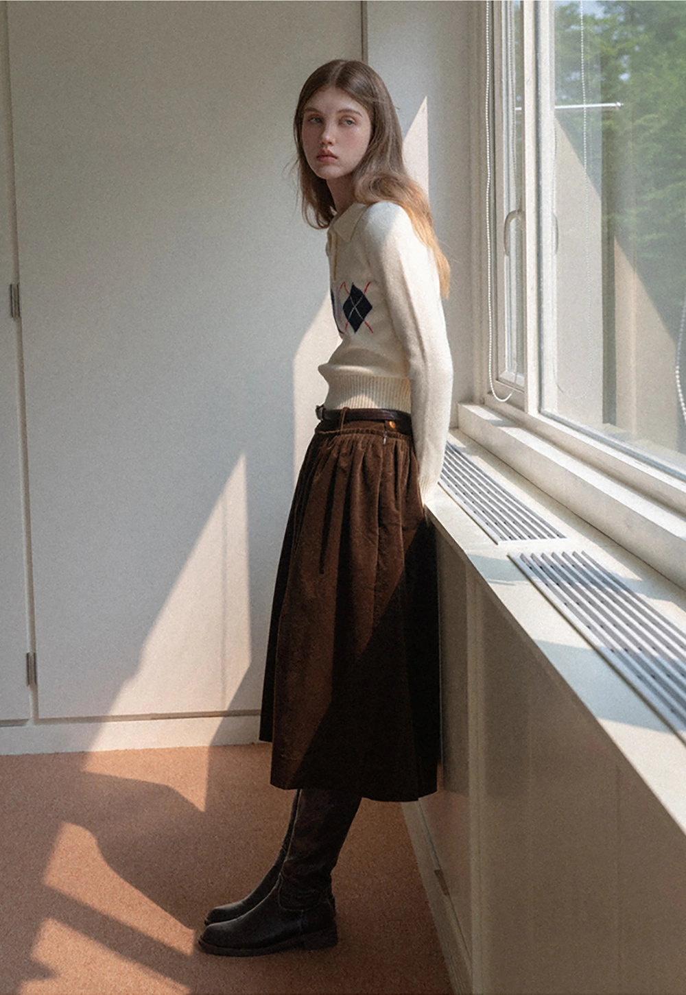 Women Argyle Knit Sweater Collared Long Sleeve Top