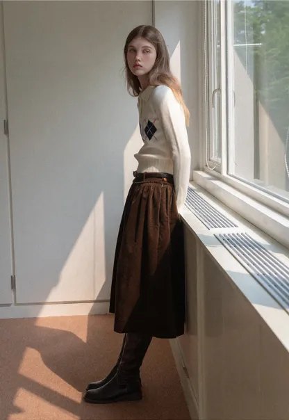 Women Argyle Knit Sweater Collared Long Sleeve Top