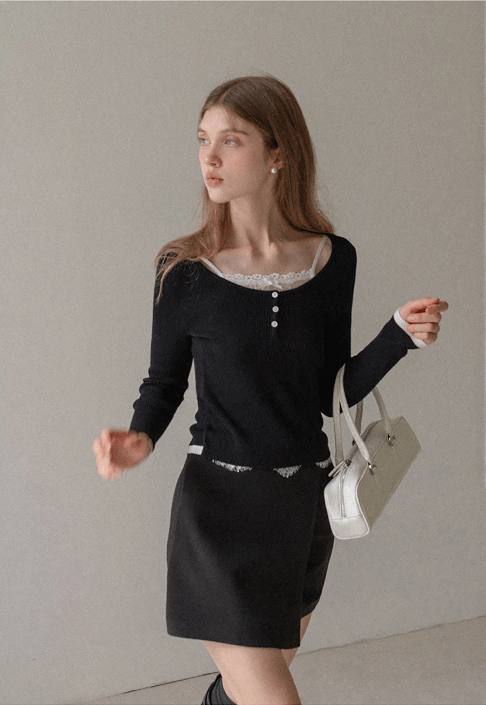 Women Lace Trim Knit Top Long Sleeve Elegant Style