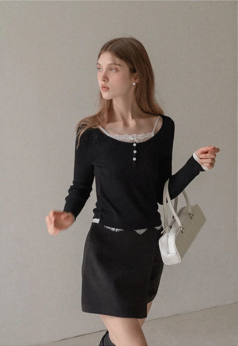 Women Lace Trim Knit Top Long Sleeve Elegant Style