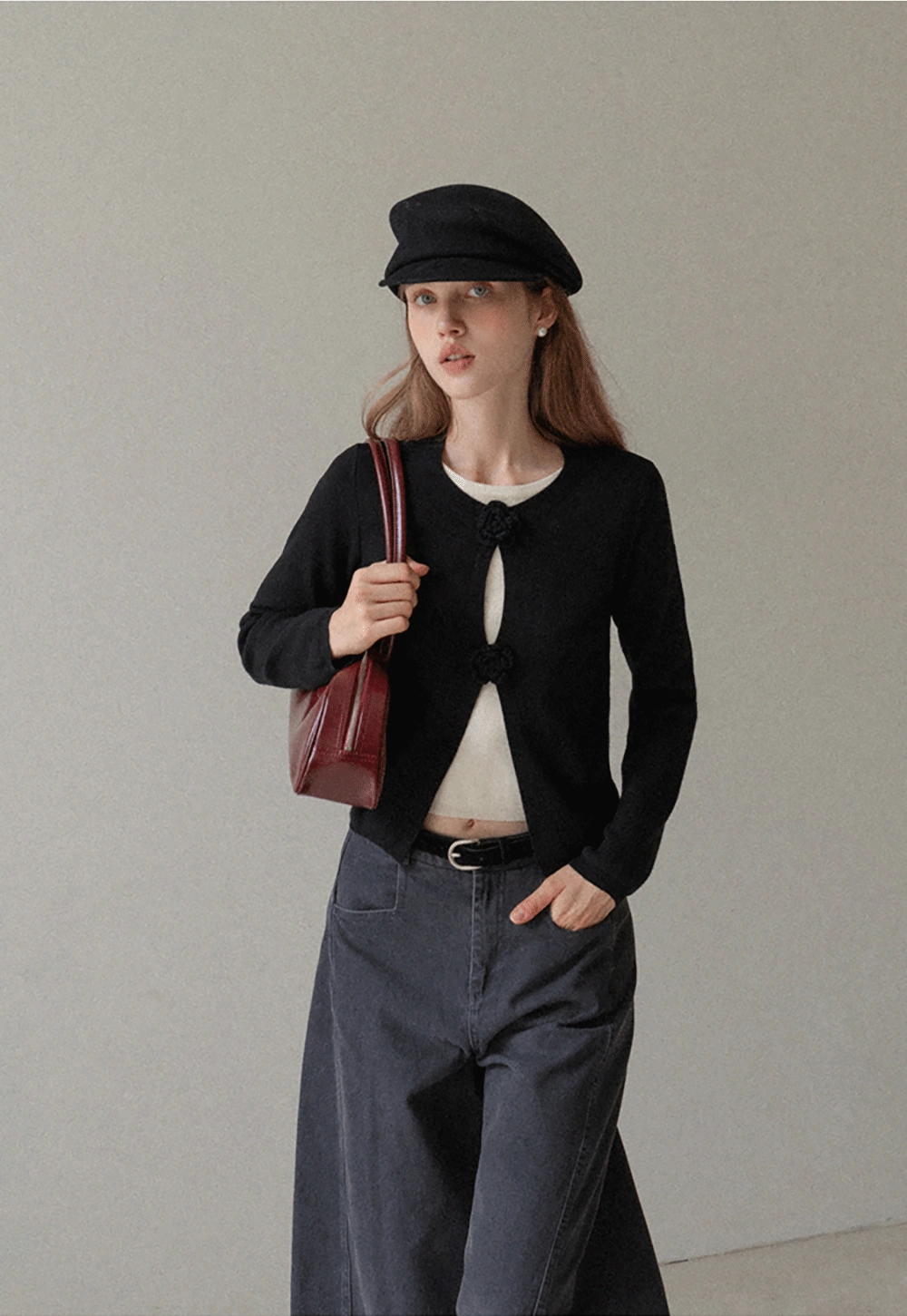 Women Knit Cardigan with Flower Button Vintage Style