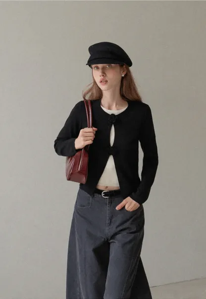 Women Knit Cardigan with Flower Button Vintage Style