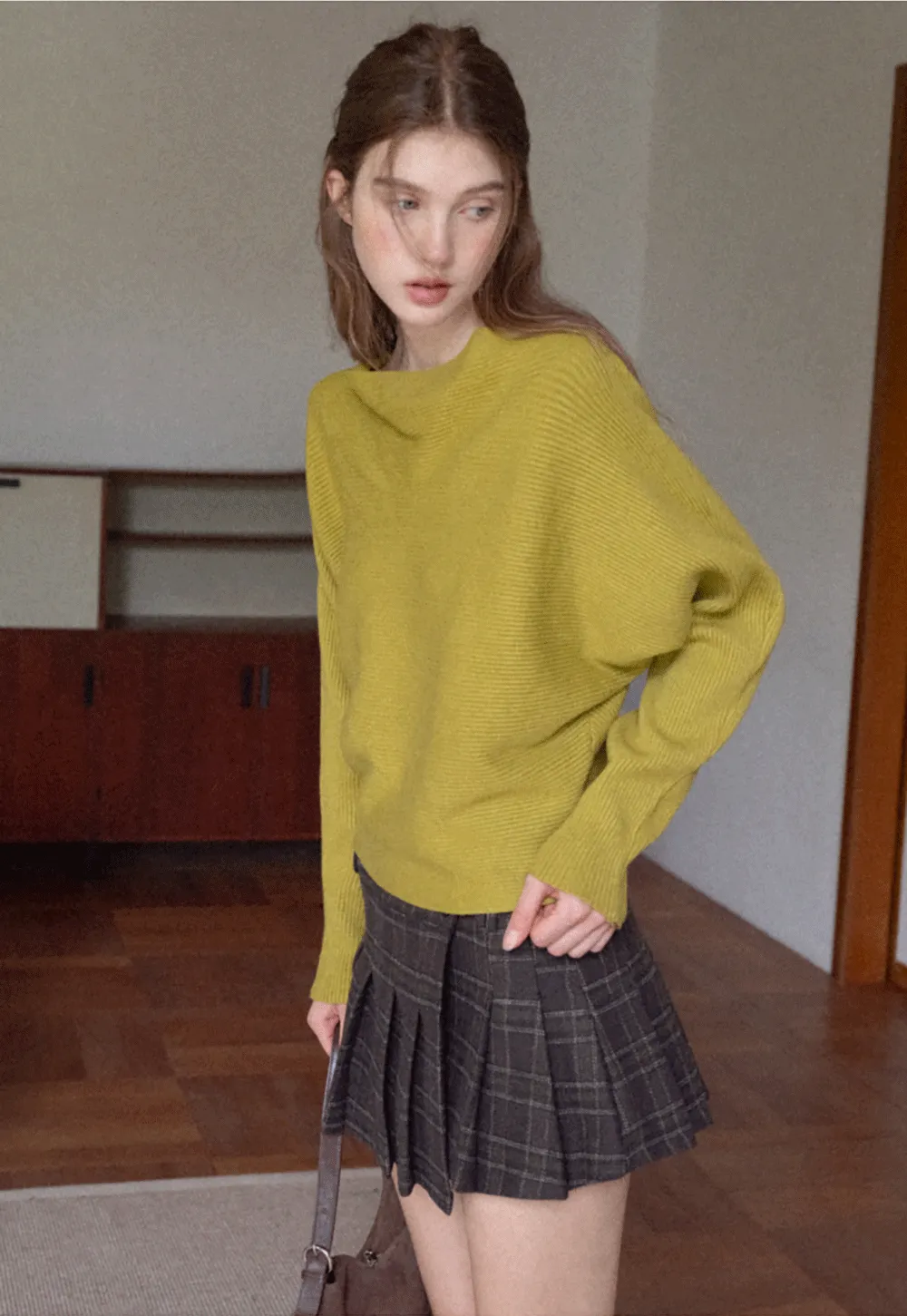 Ribbed Boat Neck Knit Sweater