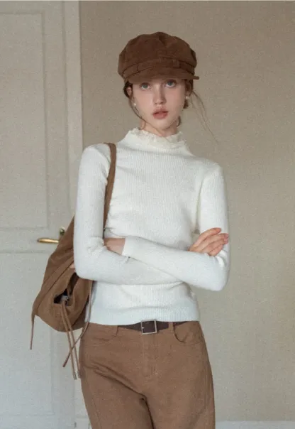 Womens Ribbed Mock Neck Top with Lace Buttons