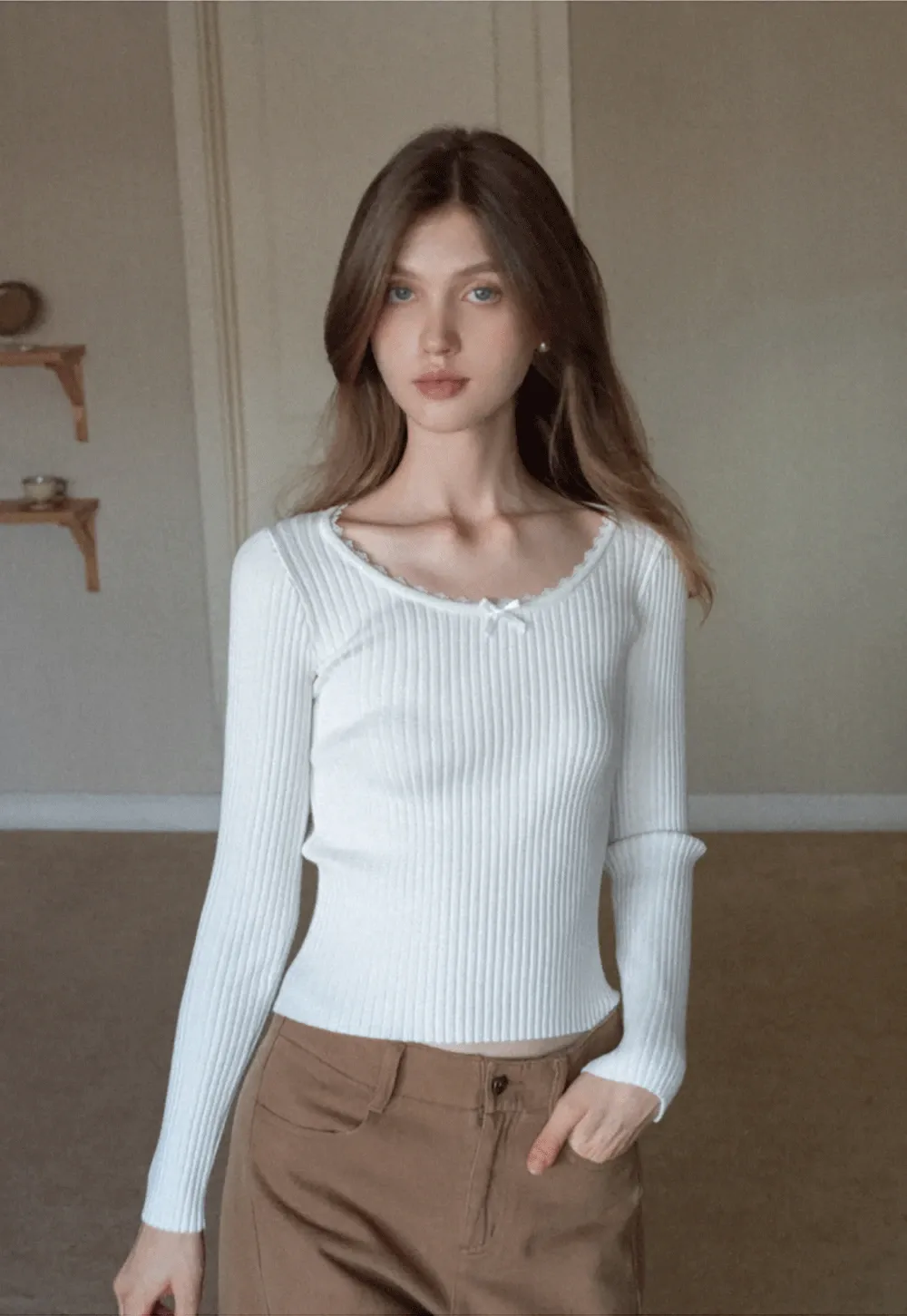 Womens Ribbed Long Sleeve Top with Bow Detail