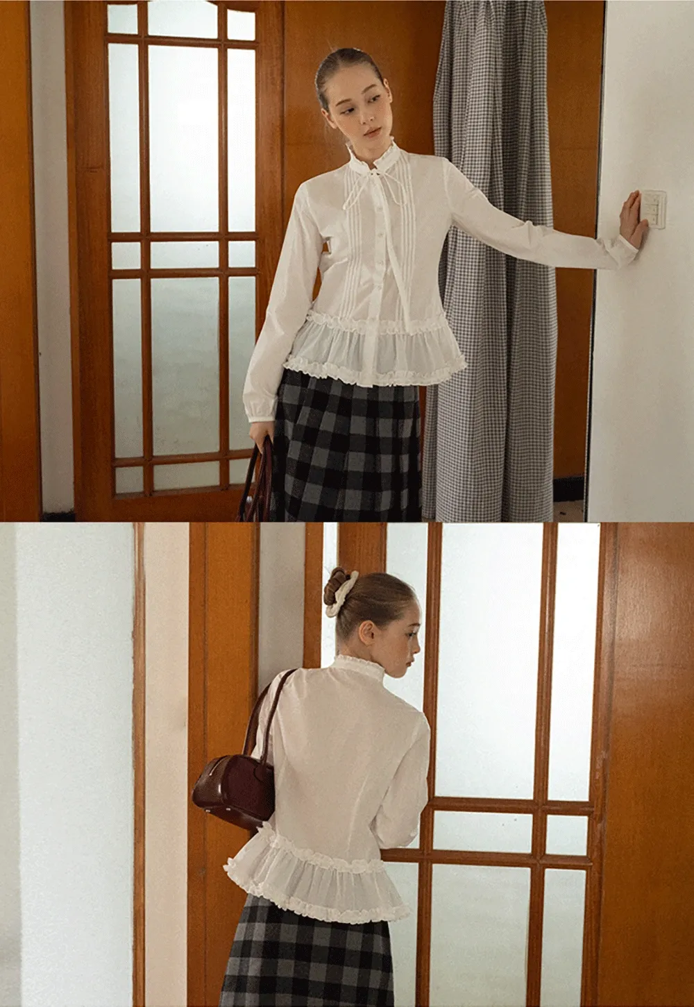 Lace Trim Ruffled Blouse with Tie Neck