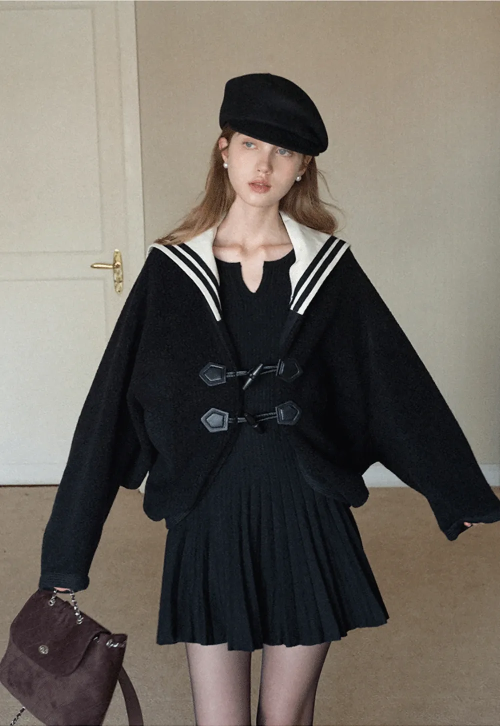 Stylish Black Woolen Coat with Sailor Collar