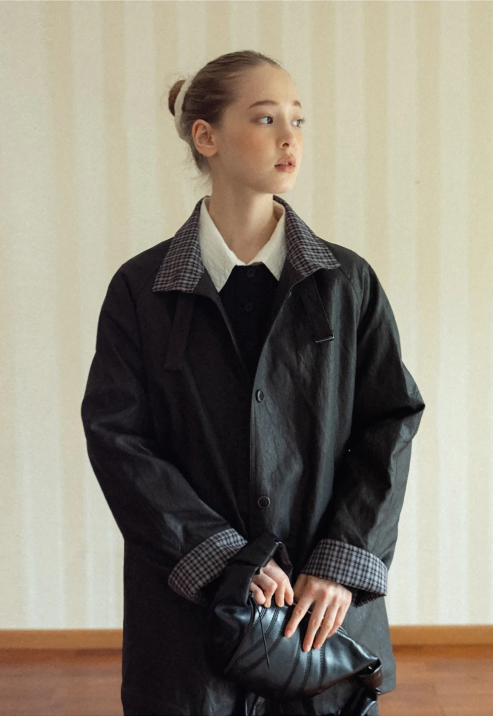 Stand Collar Mid-Length Coat with Plaid Splice and Belt