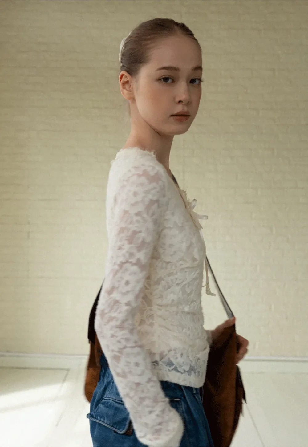 V-Neck Lace Jacquard Bow Top