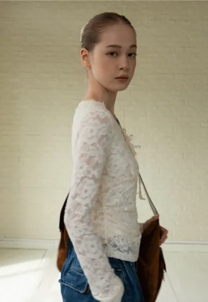 V-Neck Lace Jacquard Bow Top