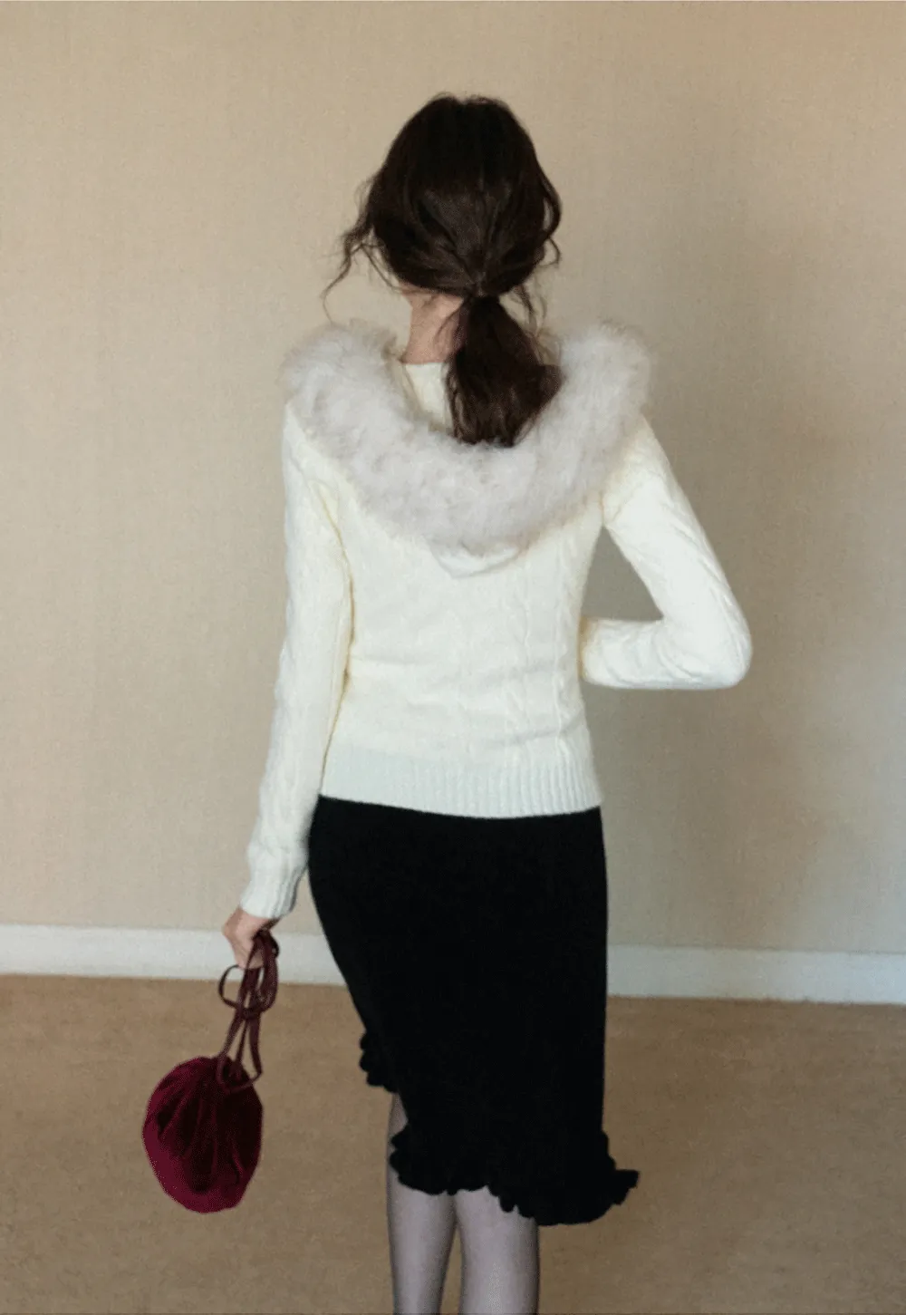 Faux Fur Collar Cable-Knit Sweater