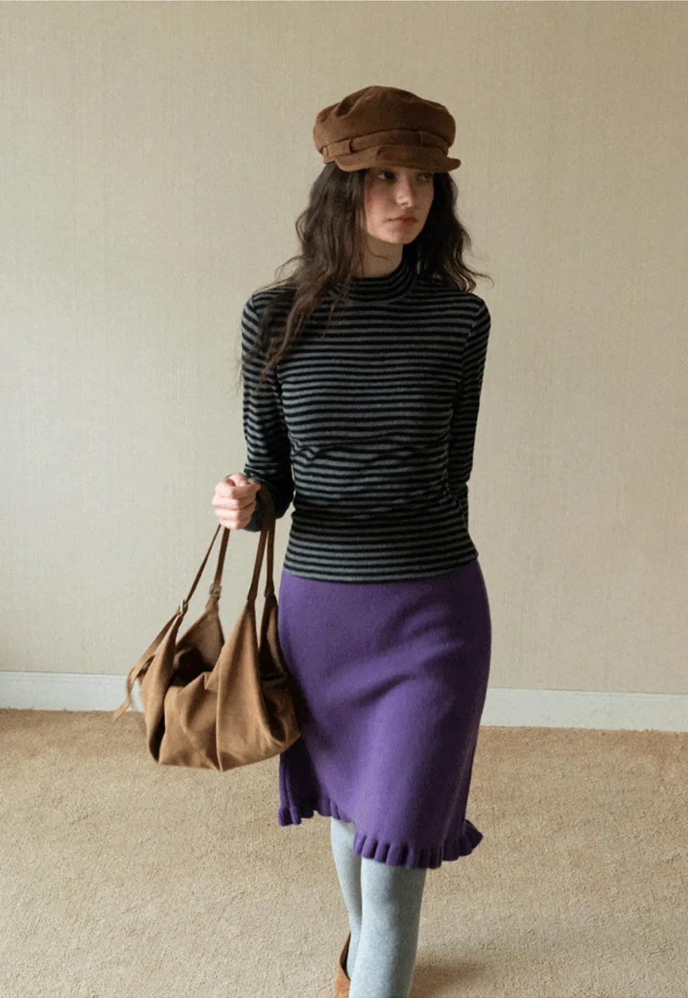Striped Mock Neck Slim Long Sleeve Tee