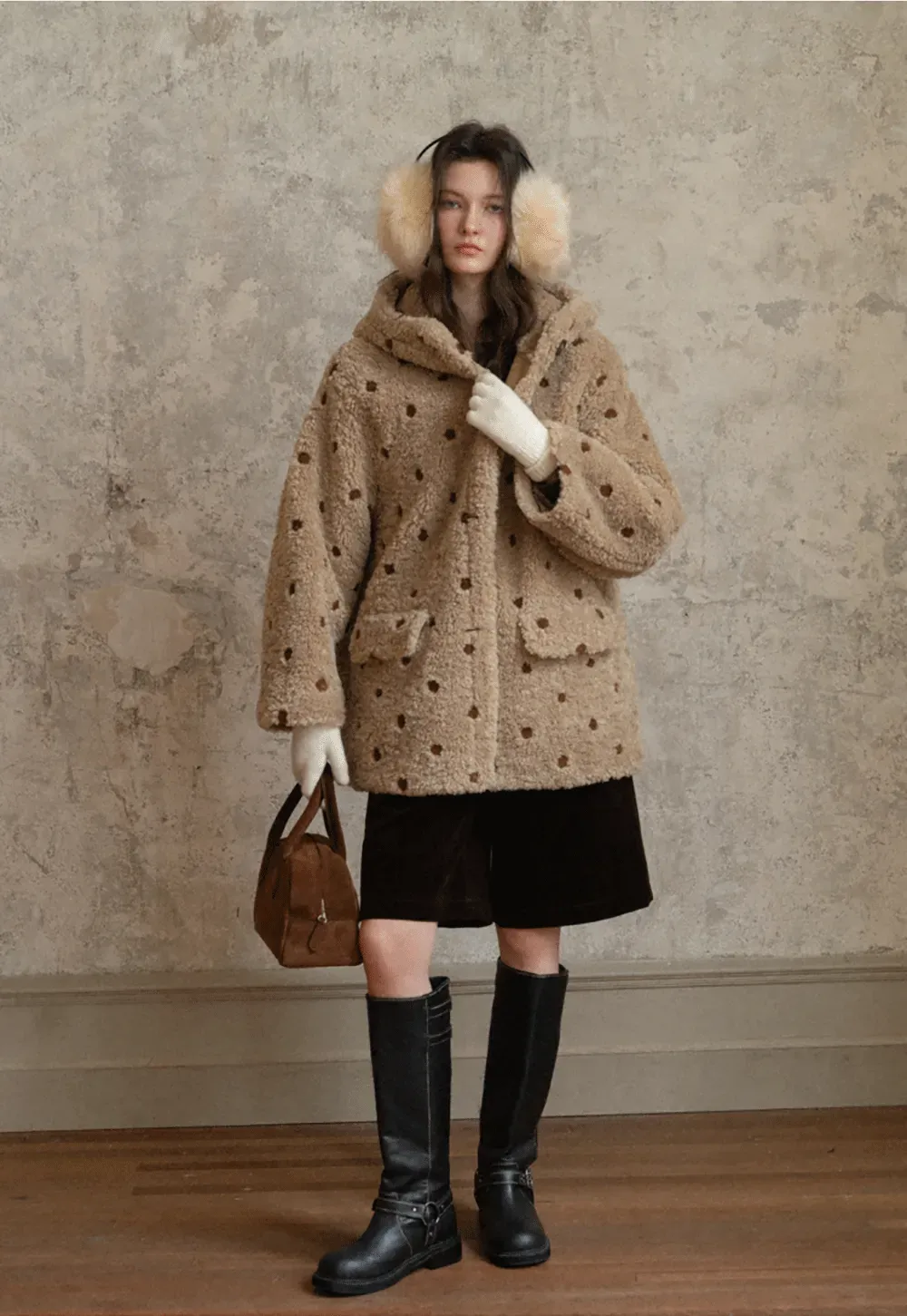 Polka Dot Teddy Fleece Hooded Coat