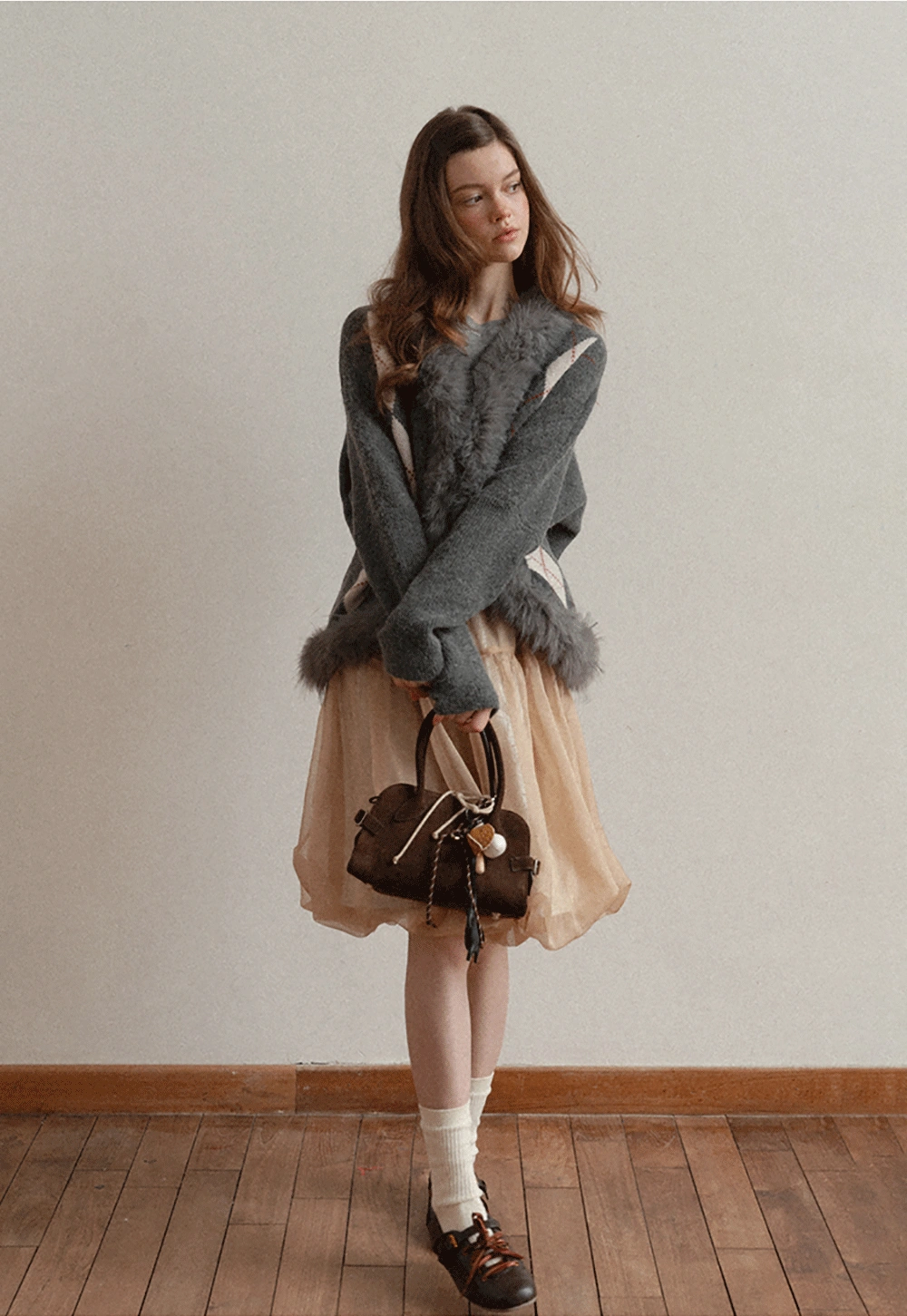 Patterned Sweater Cardigan with Fur Trim