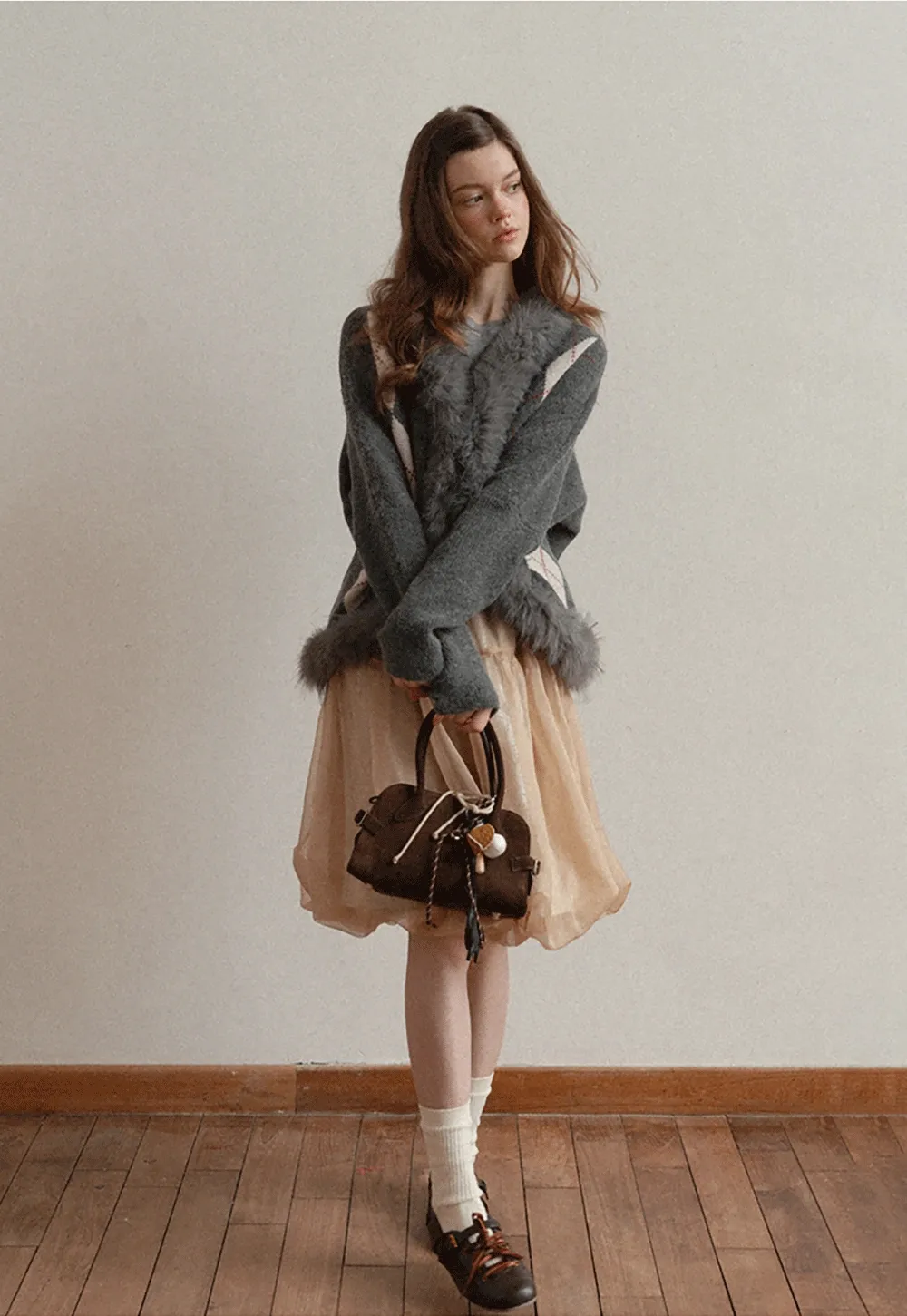 Patterned Sweater Cardigan with Fur Trim