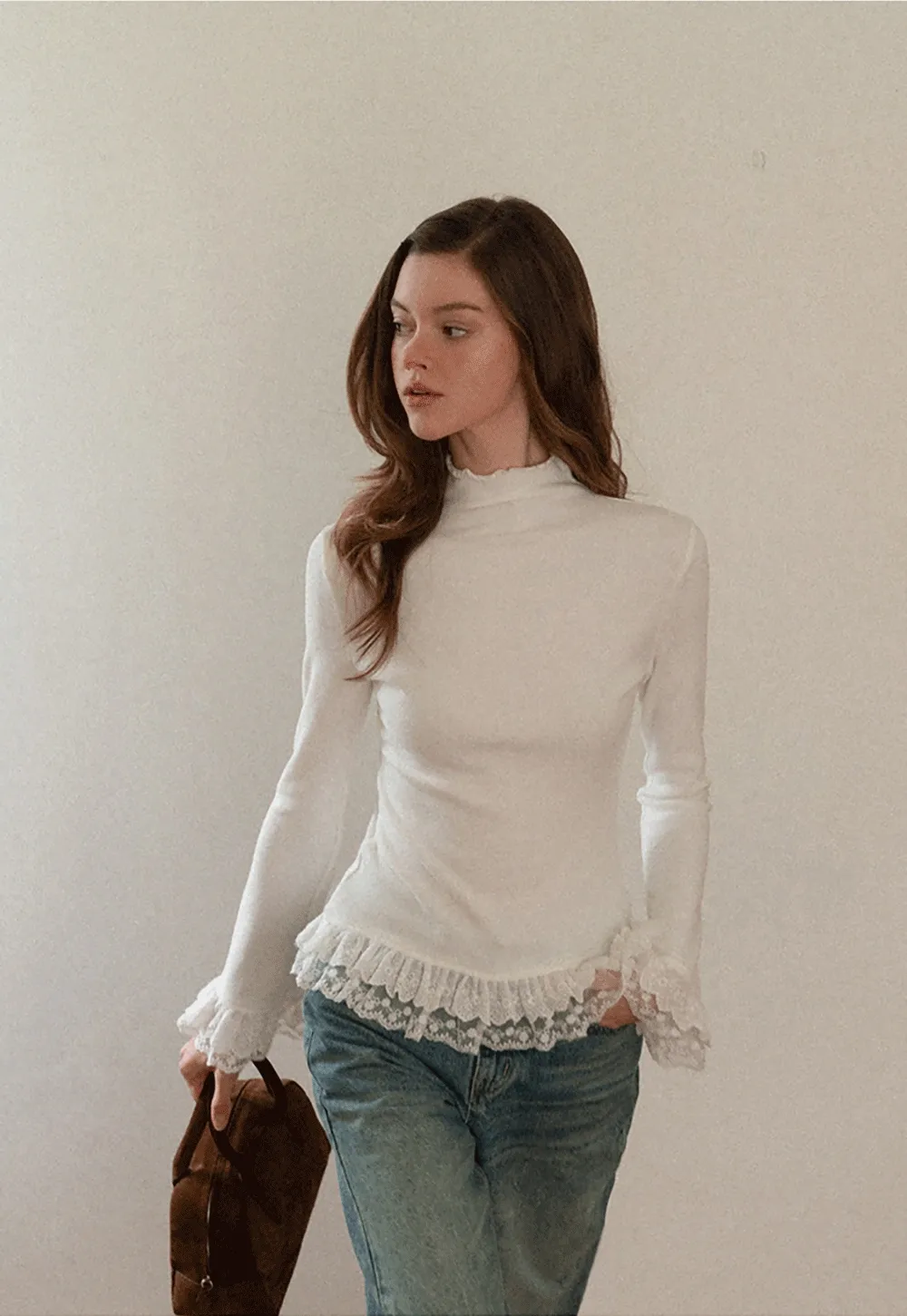Women White Lace Trim Mock Neck Long Sleeve Top