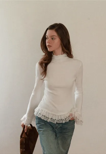Women White Lace Trim Mock Neck Long Sleeve Top