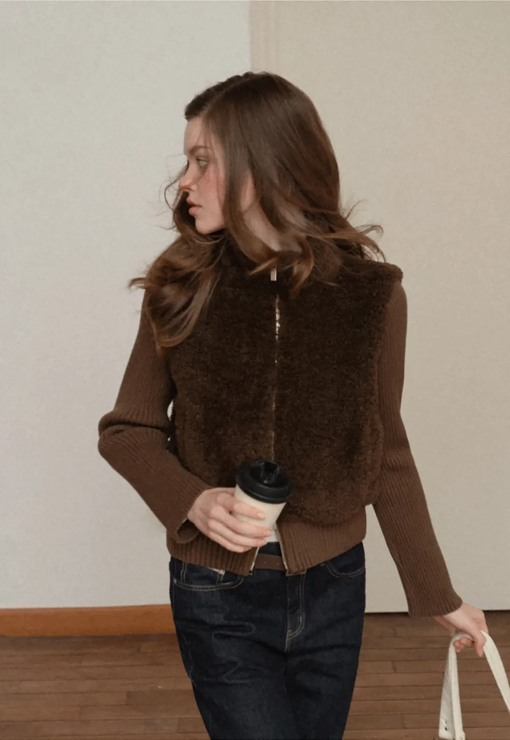 Faux Shearling Panel Knit Jacket