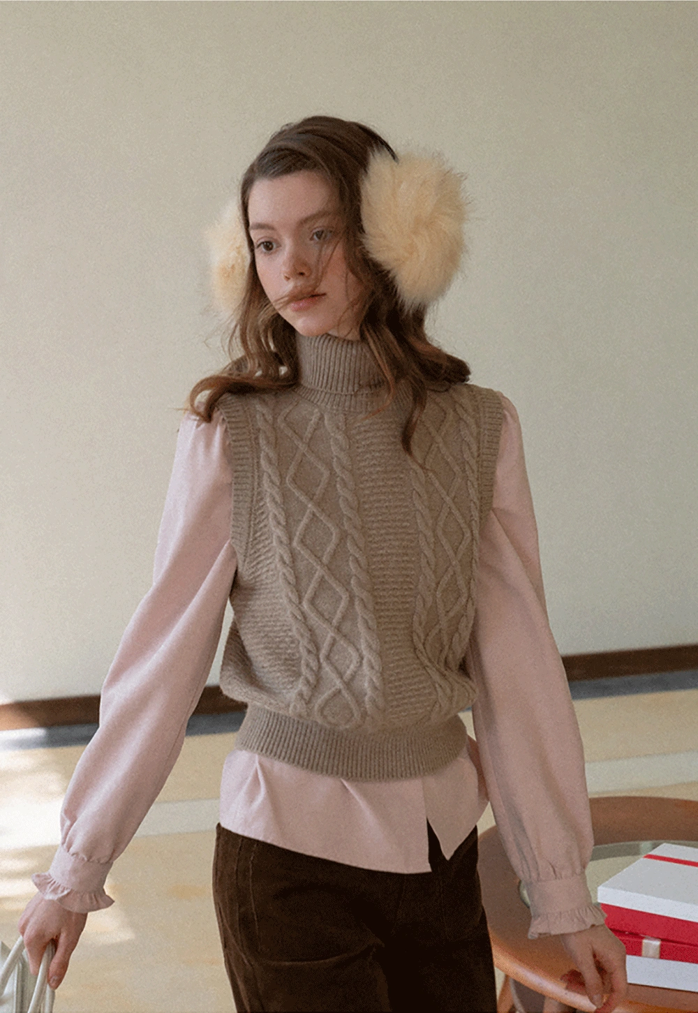 Cable Knit Sleeveless Turtleneck Sweater