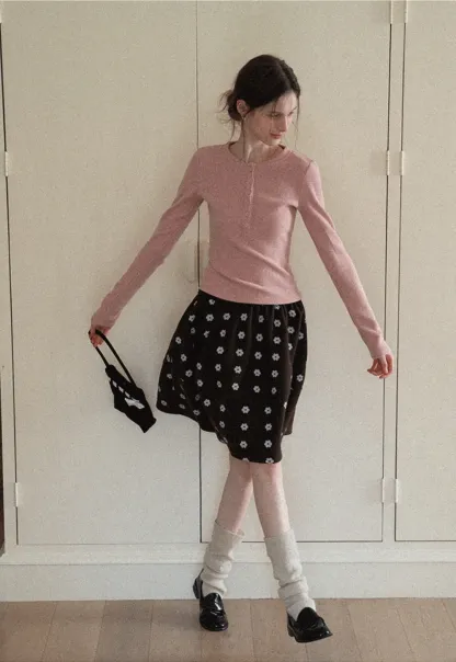 Women Soft Henley Knit Long Sleeve