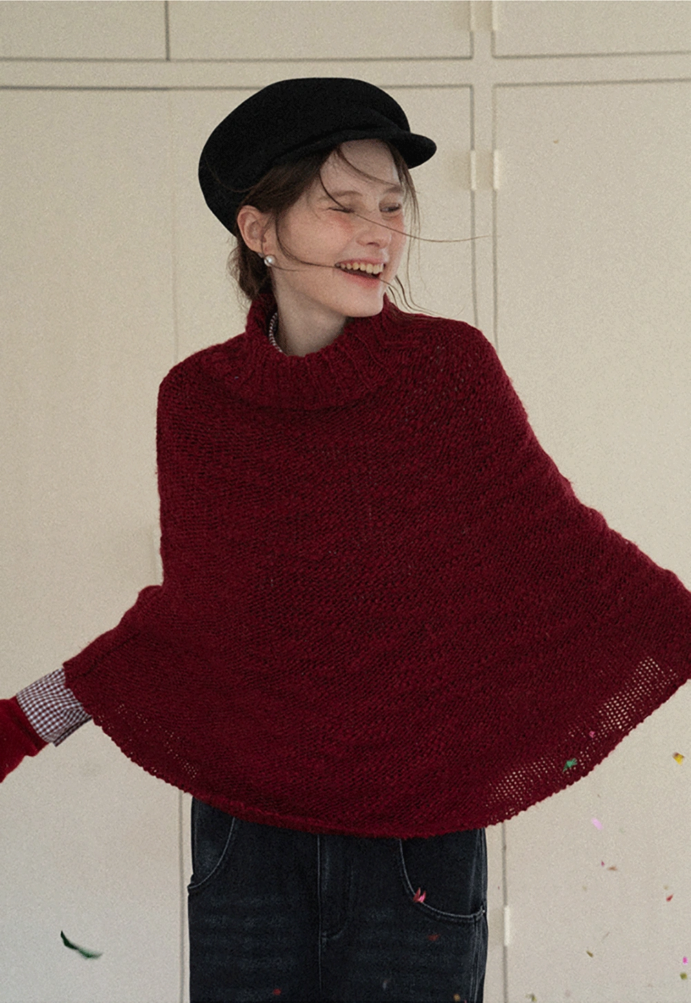 Soft Red Knitted Poncho with Turtleneck