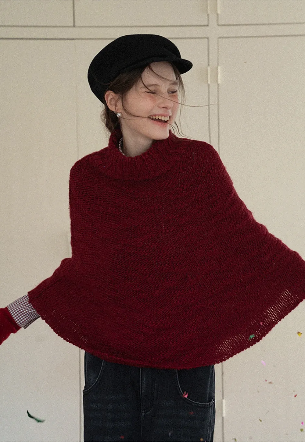 Soft Red Knitted Poncho with Turtleneck