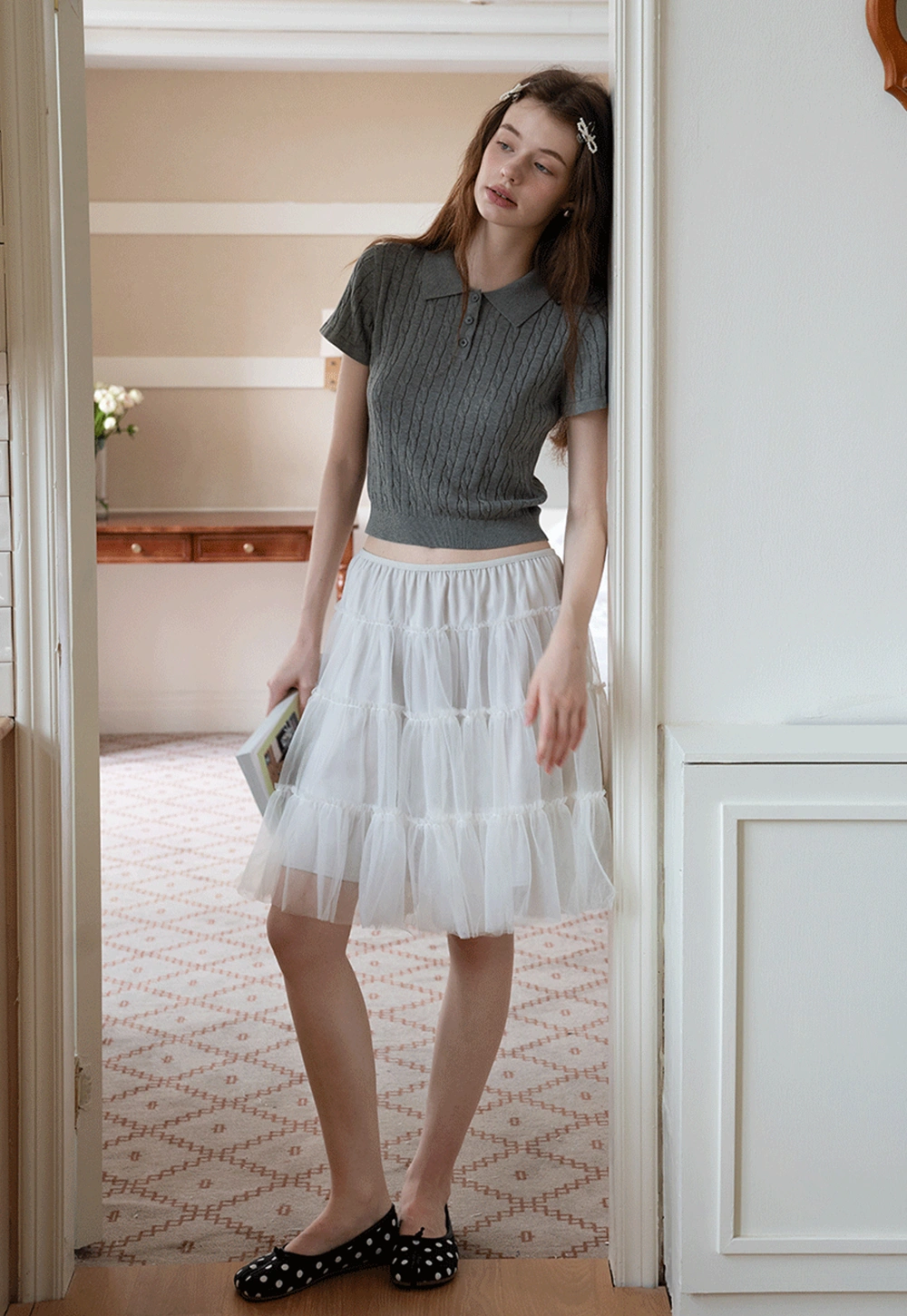 Women's Grey Ribbed Polo Shirt with Short Sleeves