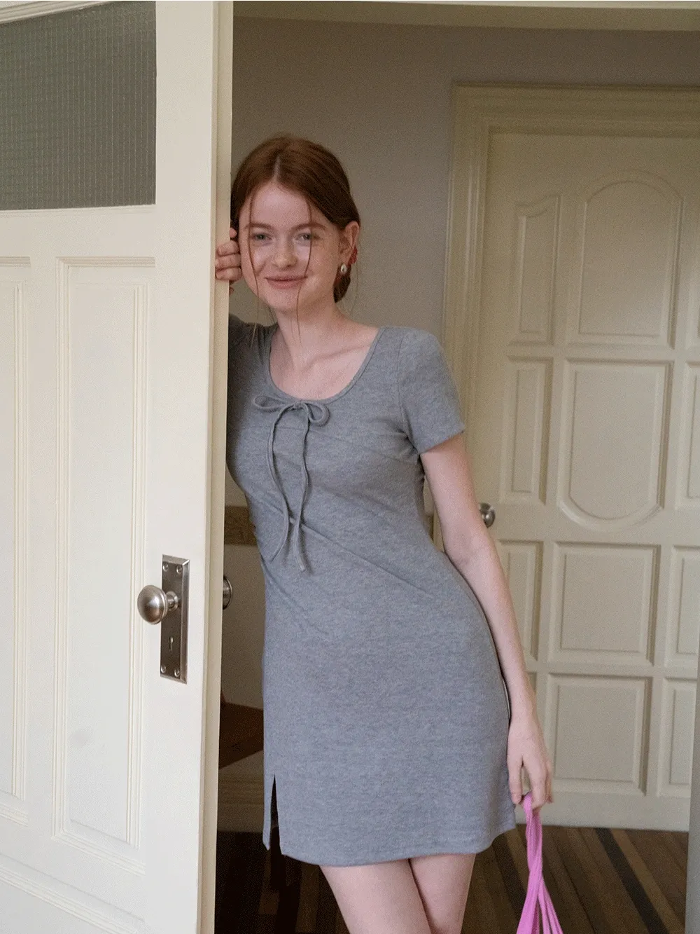 Bow Front Ruched Knit Mini Dress